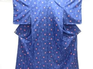 未使用品　破れ格子に水玉模様織り出し米沢紬着物アンサンブル